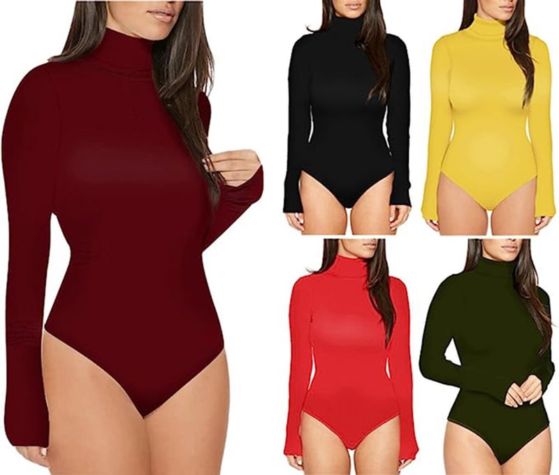Sumtory Women Turtleneck Stretchy Long Sleeve Bodysuit Top Solid Bodycon Romper Black L - Image 5